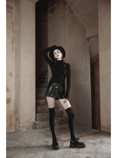Punk Black High Collar Pointed Hem Cut-Out Fit T-Shirt