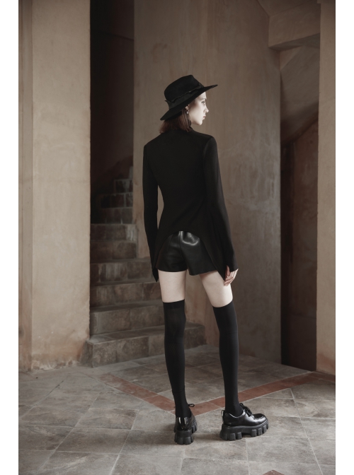 Punk Black High Collar Pointed Hem Cut-Out Fit T-Shirt