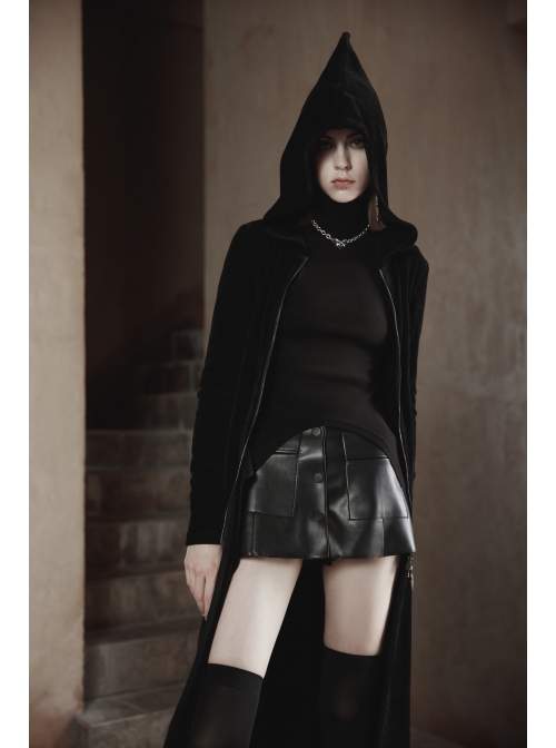 Punk Black High Collar Pointed Hem Cut-Out Fit T-Shirt