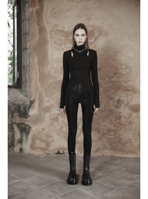Punk Black High Collar Pointed Hem Cut-Out Fit T-Shirt