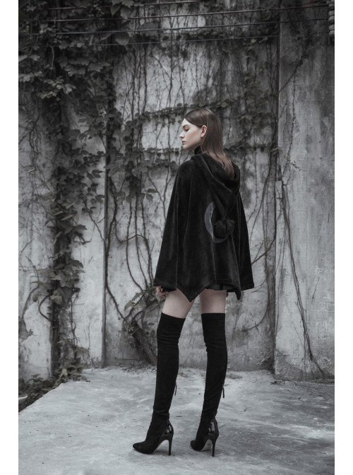Punk Cloak Design Irregular Hem Silver Meniscus Embroidery Dark Velvet Embroidered Cloak Jacket