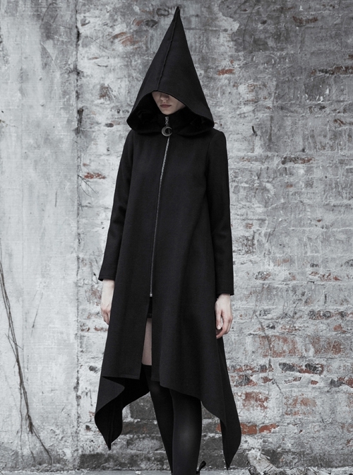 Punk Black Pointed Witch Hat Design Metal Zipper Decoration Dark Loose Irregular Woolen Coat