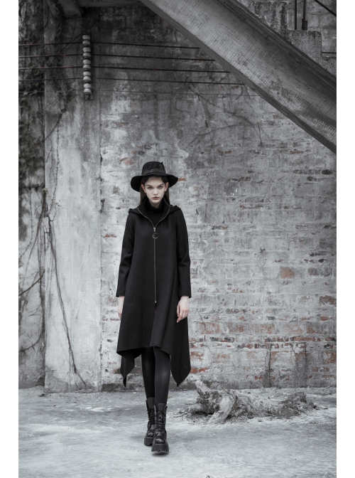 Punk Black Pointed Witch Hat Design Metal Zipper Decoration Dark Loose Irregular Woolen Coat