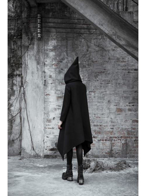 Punk Black Pointed Witch Hat Design Metal Zipper Decoration Dark Loose Irregular Woolen Coat