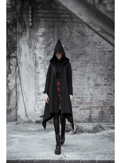 Punk Black Pointed Witch Hat Design Metal Zipper Decoration Dark Loose Irregular Woolen Coat