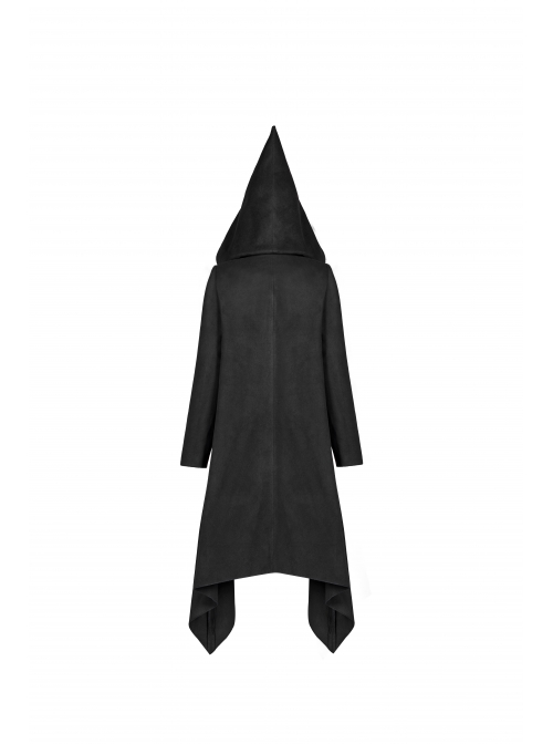 Punk Black Pointed Witch Hat Design Metal Zipper Decoration Dark Loose Irregular Woolen Coat