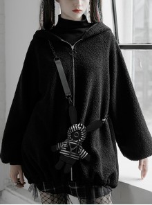 Punk Velvet Clown Hat Design Bunny Doll Backpack Decoration Medium-Length Coat