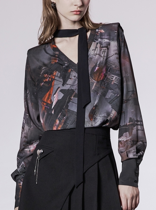 Lightweight Waste Series Printed Woven Fabric Small Shoulder Pad Design V-Neck Shirt