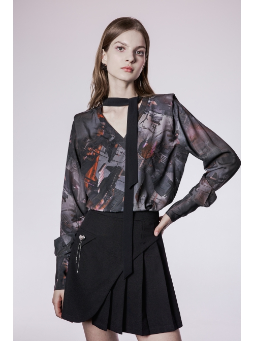 Lightweight Waste Series Printed Woven Fabric Small Shoulder Pad Design V-Neck Shirt