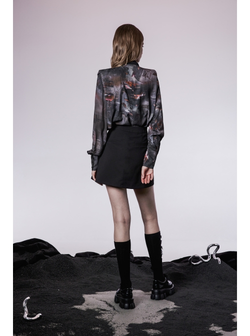 Lightweight Waste Series Printed Woven Fabric Small Shoulder Pad Design V-Neck Shirt