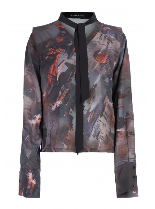 Lightweight Waste Series Printed Woven Fabric Small Shoulder Pad Design V-Neck Shirt