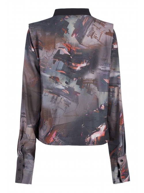 Lightweight Waste Series Printed Woven Fabric Small Shoulder Pad Design V-Neck Shirt