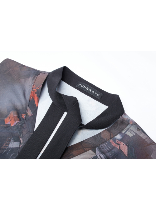 Lightweight Waste Series Printed Woven Fabric Small Shoulder Pad Design V-Neck Shirt