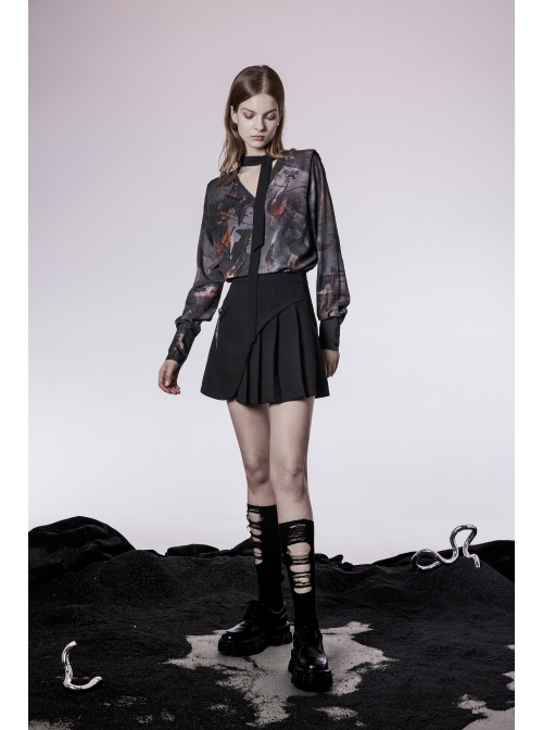 Lightweight Waste Series Printed Woven Fabric Small Shoulder Pad Design V-Neck Shirt