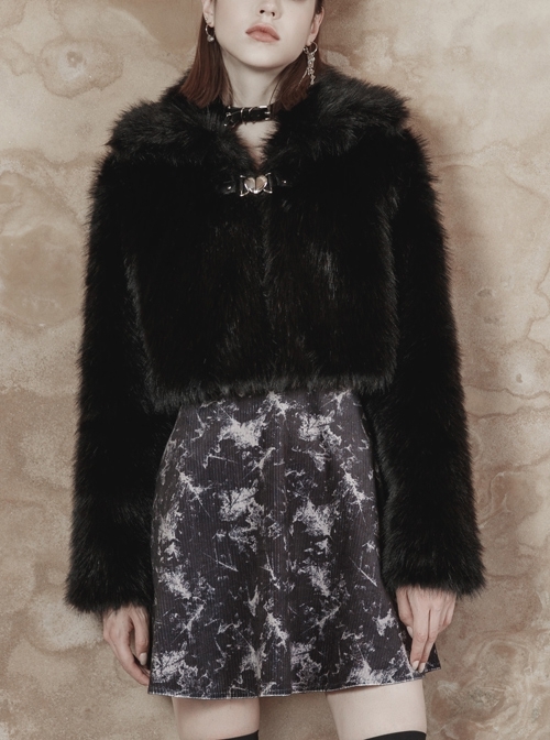 Punk Long woolly Heart-Shaped Buckle Belt Design Loose Black Short Coat