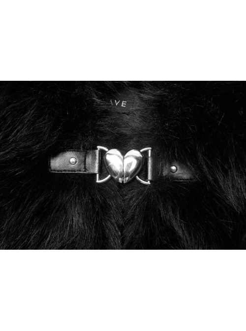 Punk Long woolly Heart-Shaped Buckle Belt Design Loose Black Short Coat