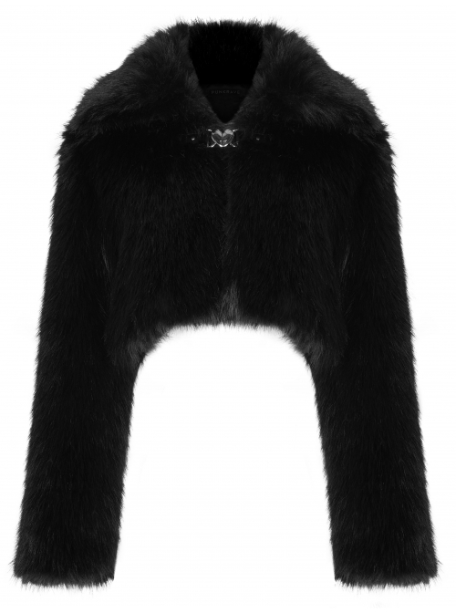 Punk Long woolly Heart-Shaped Buckle Belt Design Loose Black Short Coat