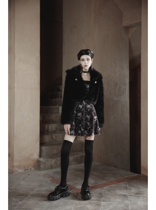 Punk Long woolly Heart-Shaped Buckle Belt Design Loose Black Short Coat