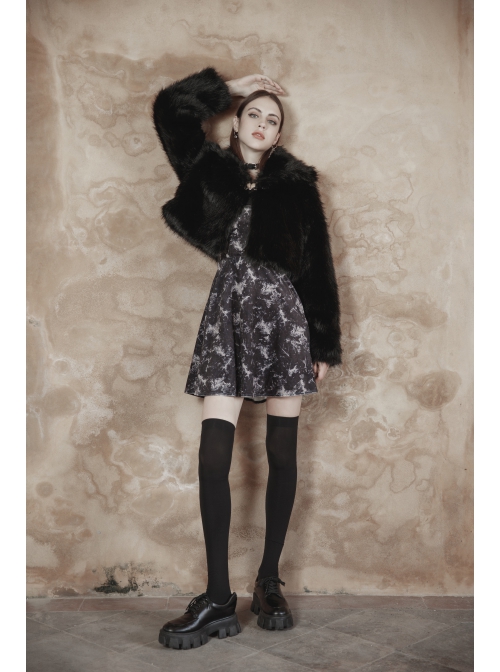 Punk Long woolly Heart-Shaped Buckle Belt Design Loose Black Short Coat