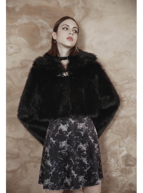 Punk Long woolly Heart-Shaped Buckle Belt Design Loose Black Short Coat