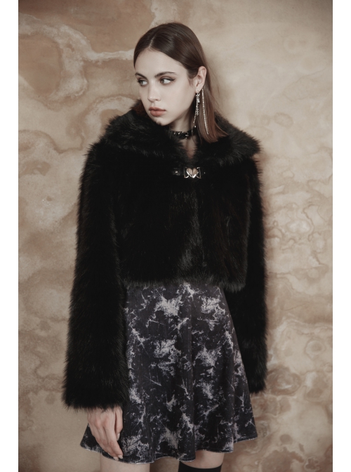Punk Long woolly Heart-Shaped Buckle Belt Design Loose Black Short Coat