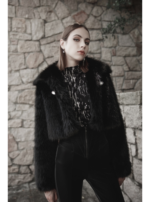 Punk Long woolly Heart-Shaped Buckle Belt Design Loose Black Short Coat