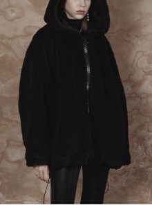 Black Punk Fox Pointed Ear Design Woolly Loose Medium Length Sweater Coat