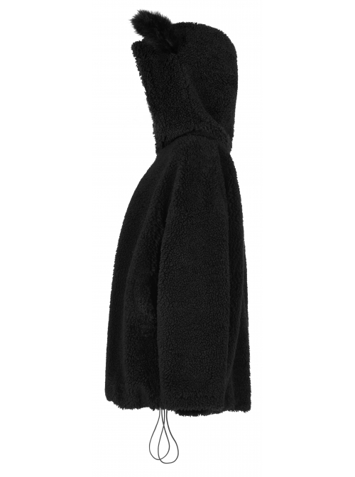 Black Punk Fox Pointed Ear Design Woolly Loose Medium Length Sweater Coat