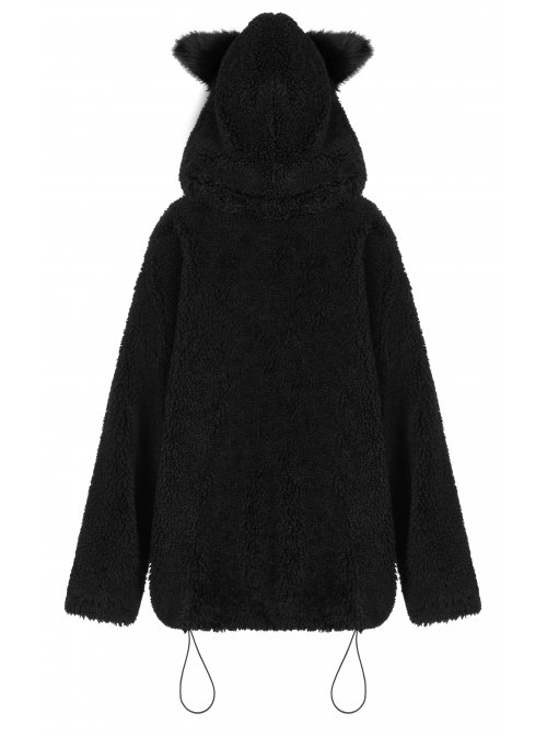 Black Punk Fox Pointed Ear Design Woolly Loose Medium Length Sweater Coat