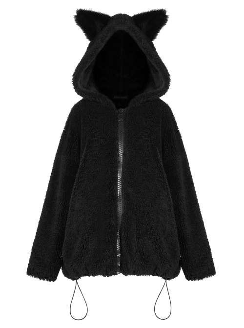 Black Punk Fox Pointed Ear Design Woolly Loose Medium Length Sweater Coat