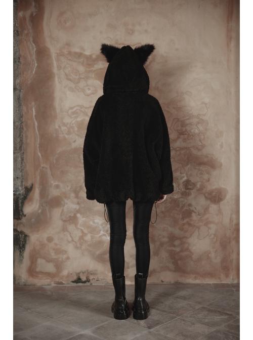 Black Punk Fox Pointed Ear Design Woolly Loose Medium Length Sweater Coat