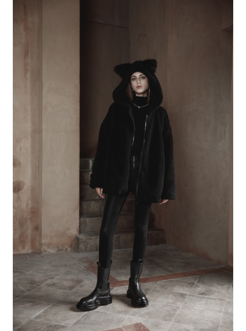 Black Punk Fox Pointed Ear Design Woolly Loose Medium Length Sweater Coat
