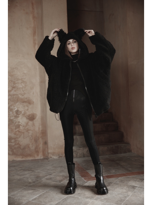Black Punk Fox Pointed Ear Design Woolly Loose Medium Length Sweater Coat