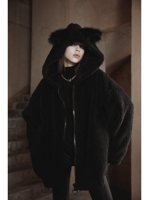 Black Punk Fox Pointed Ear Design Woolly Loose Medium Length Sweater Coat