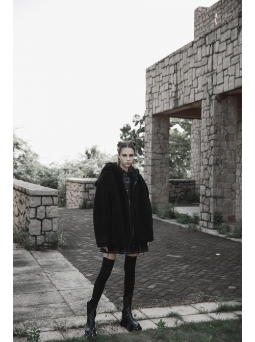 Black Punk Fox Pointed Ear Design Woolly Loose Medium Length Sweater Coat
