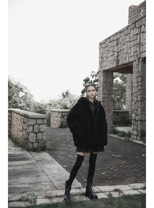 Black Punk Fox Pointed Ear Design Woolly Loose Medium Length Sweater Coat