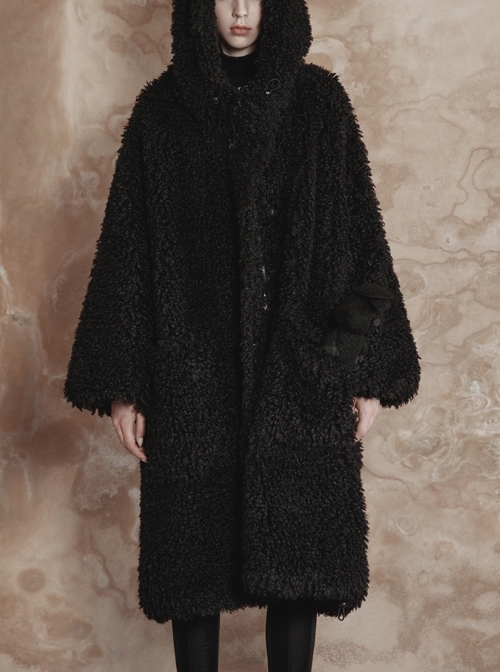 Punk Elastic Drawstring Rib Design Cute Bear Ears Black Furry Coat