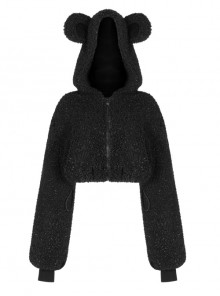 Black Punk Metal Zipper Decoration Woolly Bear Ears Drawstring Short Jacket