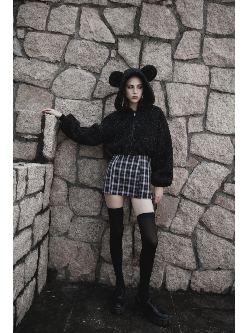 Black Punk Metal Zipper Decoration Woolly Bear Ears Drawstring Short Jacket