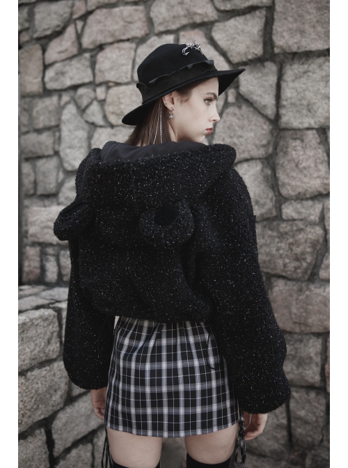 Black Punk Metal Zipper Decoration Woolly Bear Ears Drawstring Short Jacket