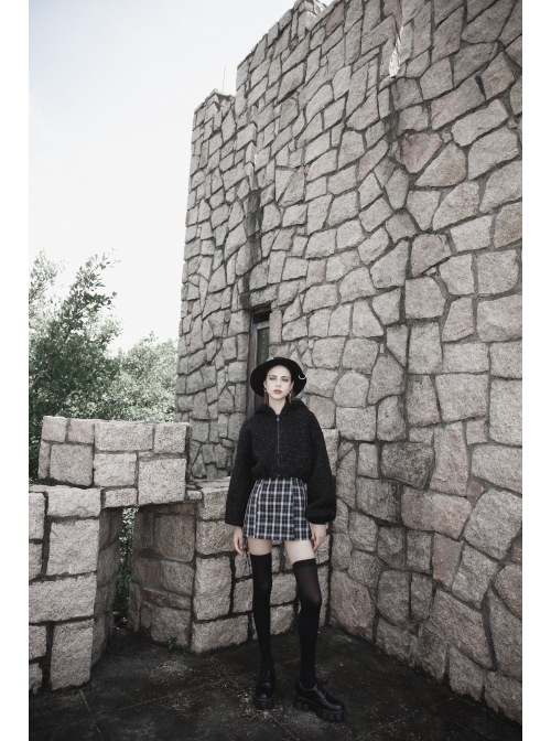 Black Punk Metal Zipper Decoration Woolly Bear Ears Drawstring Short Jacket