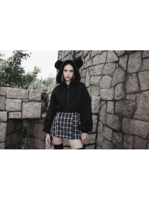 Black Punk Metal Zipper Decoration Woolly Bear Ears Drawstring Short Jacket