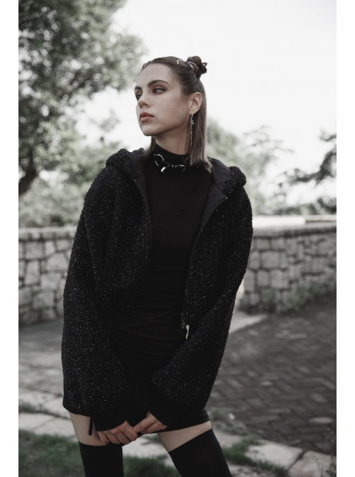 Black Punk Metal Zipper Decoration Woolly Bear Ears Drawstring Short Jacket