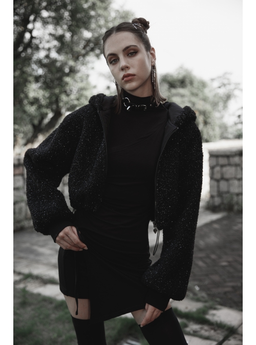 Black Punk Metal Zipper Decoration Woolly Bear Ears Drawstring Short Jacket