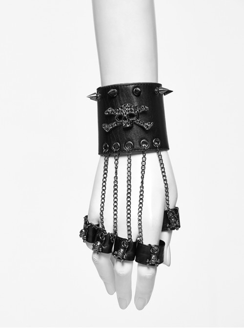 Punk Cortex Rivet Design Metal Chain Hole Decoration Five Finger Ring Skull Gloves