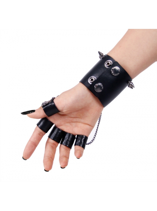 Punk Cortex Rivet Design Metal Chain Hole Decoration Five Finger Ring Skull Gloves