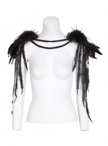 Black Gothic Flocking Iron Chain Decoration Feather Leather Shoulder Knot