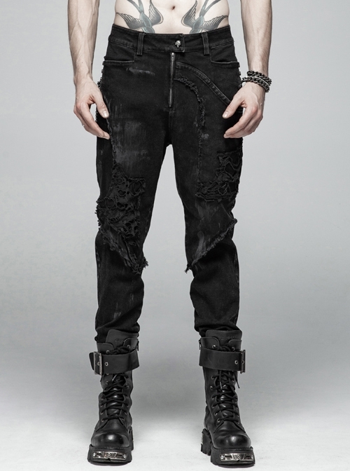 Punk Micro Stretch Denim Fabric Distressed Design Broken Hole Net Trousers