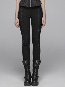 Gothic Stretch Tight Jacquard Printed Decoration Black Bottom Trousers