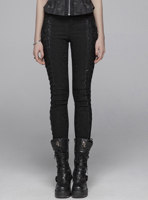 Gothic Stretch Tight Jacquard Printed Decoration Black Bottom Trousers